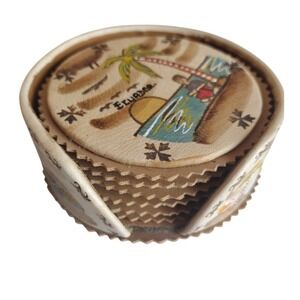VTG 5 Ecuador Hand‎ Painted Leather Decorative Beverage Coasters w-Holder 3.5"